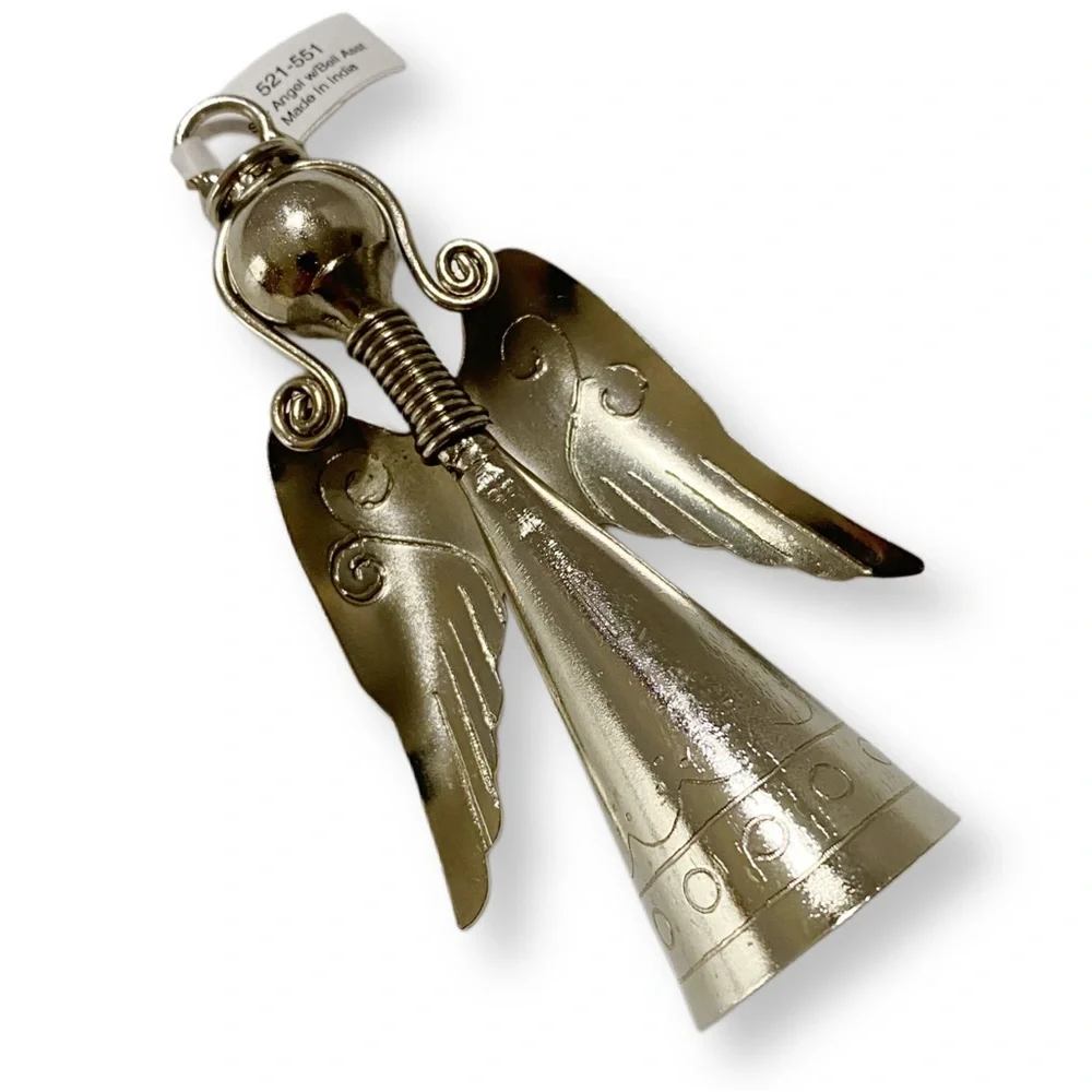 Crate&Barrel, 90s Vintage Silver Angel With Bell Ornament, Item No 521-551, 4